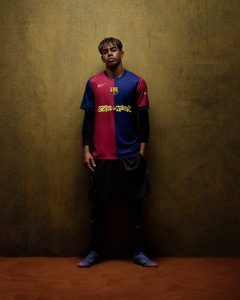 Lamine Yamal wearing the Spotify x Travis Scott x FC Barcelona Jersey